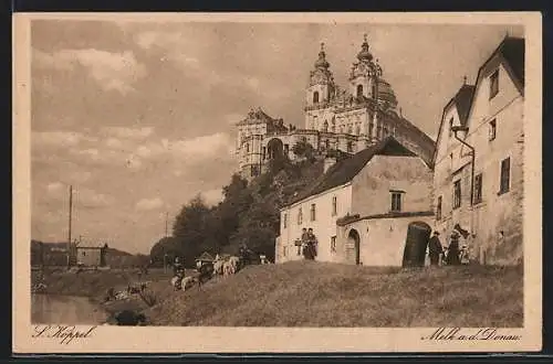 AK Melk a. D., Ortspartie mit Blick auf das Stift