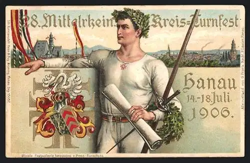 Lithographie Hanau, 28. Mittelrheinisches Kreis-Turnfest 1906, Turner mit Siegerkranz