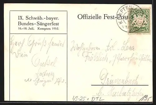Künstler-AK Kempten / Allgäu, IX. Schwäb.-bayer. Bundes-Sängerfest 1910