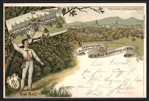 Lithographie Bad Homburg v. d. Höhe, XXIII Mittelrheinisches Kreisturnfest 1897, Festhalle
