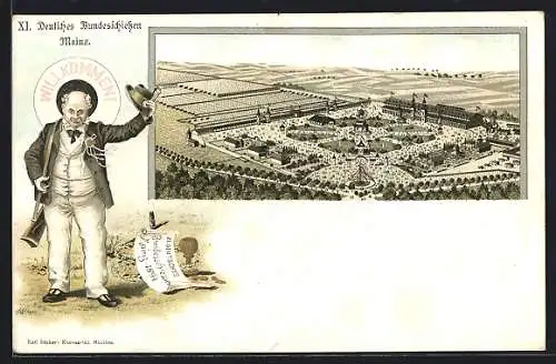 Lithographie Mainz, XI. Deutsches Bundesschiessen 1894, Schütze hebt grüssend den Hut