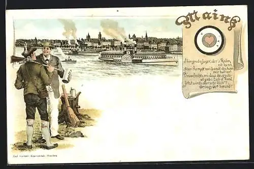 Lithographie Mainz, XI. Deutsches Bundesschiessen 1894, Dampfer, Ortsansicht