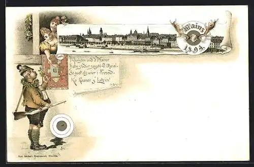 Lithographie Mainz, Stadtpanorama, Schütze mit Zielscheibe, Schützenverein