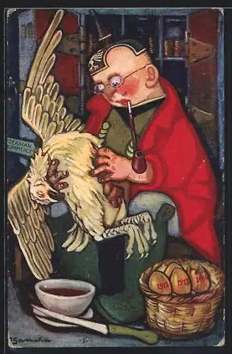 Künstler-AK sign. F. Sancha: Deutscher Soldat mit Pickelhaube rupft gallischen Hahn