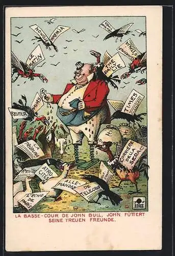 Künstler-AK John Bull füttert seine treuen Fruende, Zeitungen, Propaganda 1. Weltkrieg
