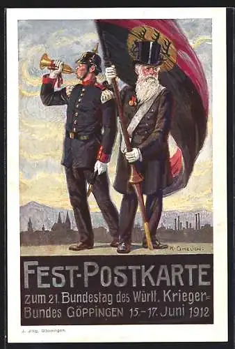 Künstler-AK Göppingen, 21. Bundestag des Württ. Krieger-Bundes v. 15.-17. Juni 1912