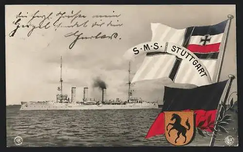 AK Kriegsschiff S.M.S. Stuttgart in leichter Fahrt, Reichskriegsflagge