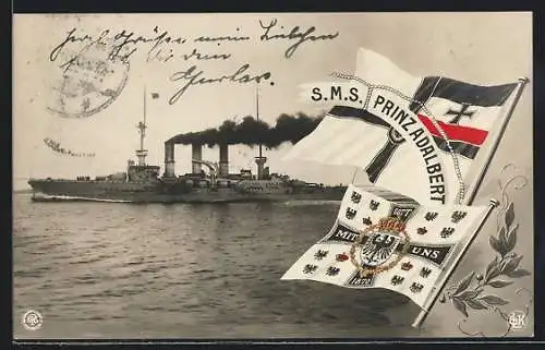 AK Kriegsschiff S.M.S. Prinz Adalbert unter Volldampf durch die Wellen pflügend, Reichskriegsflagge