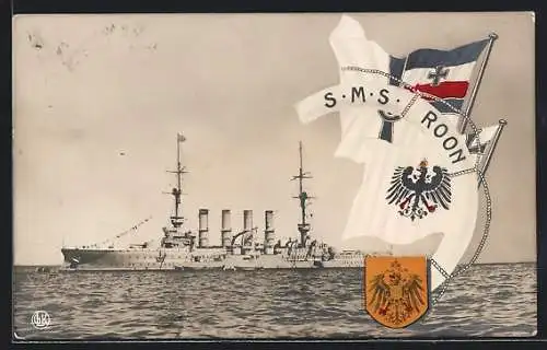 AK Kriegsschiff S.M.S. Roon bei leichtem Wellengang vor Anker liegend, Reichskriegsflagge