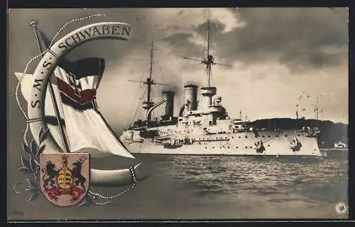 AK Kriegsschiff S.M.S. Schwaben in leichtem Tempo vor der Küste unterwegs, Reichskriegsflagge