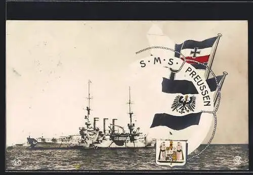 AK Kriegsschiff S.M.S. Preussen auf der offenen See treibend, Reichskriegsflagge