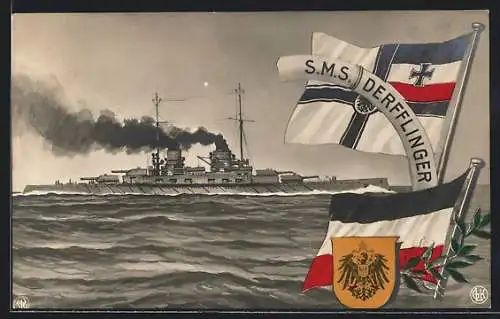 AK Kriegsschiff S.M.S. Derflinger mit Volldampf durch die Wellen schneidend, Reichskriegsflagge