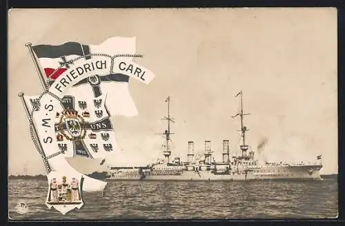 AK Kriegsschiff S.M.S. Friedrich Carl nahe der Küste auf den Wellen wiegend, Reichskriegsflagge