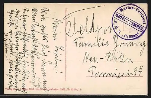 AK Kriegsschiff S.M.S. Yorck neben einem Versorgungsbeiboot auf dem Wasser, Reichskriegsflagge