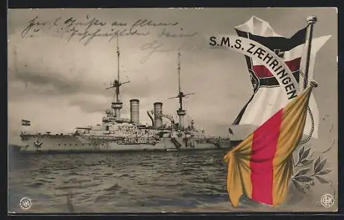 AK Kriegsschiff S.M.S. Zaehringen im Austausch mit einem Beiboot, Reichskriegsflagge
