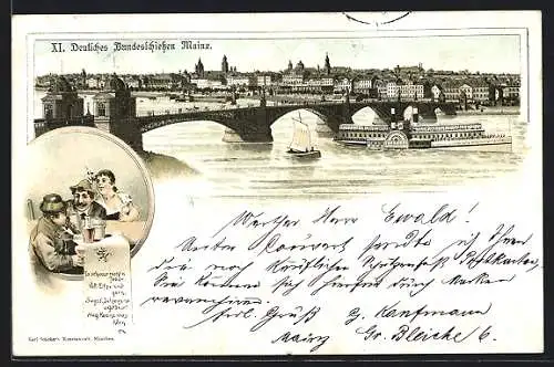 Vorläufer-Lithographie Mainz, 1894, XI. Deutsches Bundesschiessen, Dampfer unter der Rheinbrücke, Schützen beim Bier