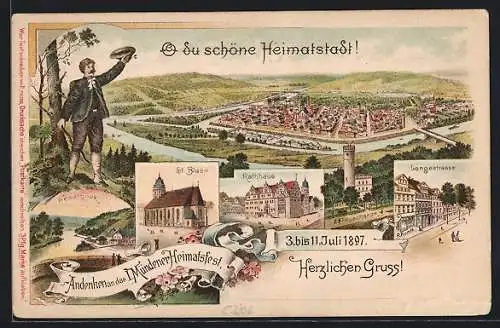 Lithographie Hann. Münden, 1. Mündener Heimatfest 1897, Langestrasse, Rathaus, St. Blasii, Ganzsache