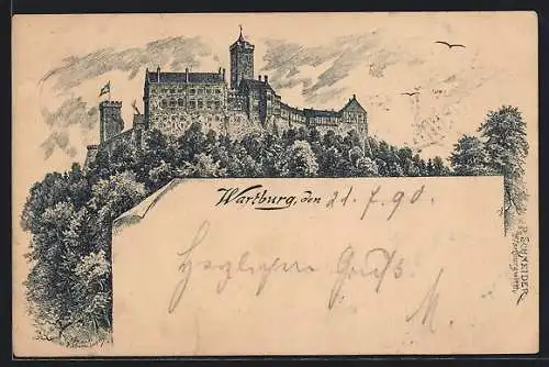 Vorläufer-Lithographie Ganzsache PP9F400: Eisenach, 1890, Panoramablick auf die Wartburg