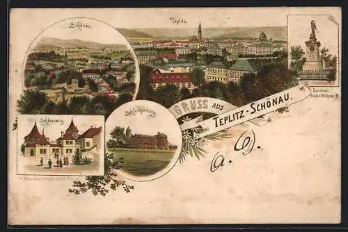 Vorläufer-Lithographie Teplitz Schönau, 1894, Schlackenburg, Real-Obergymnasium und Krieger Denkmal