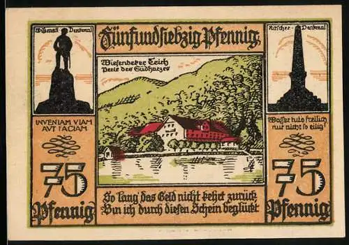 Notgeld Bad Lauterberg im Harz 1921, 75 Pfennig, Wiesenbecker Teich, Wissmann-Denkmal, Ritscher-Denkmal