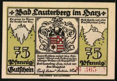 Notgeld Bad Lauterberg im Harz 1921, 75 Pfennig, Wiesenbecker Teich, Wissmann-Denkmal, Ritscher-Denkmal