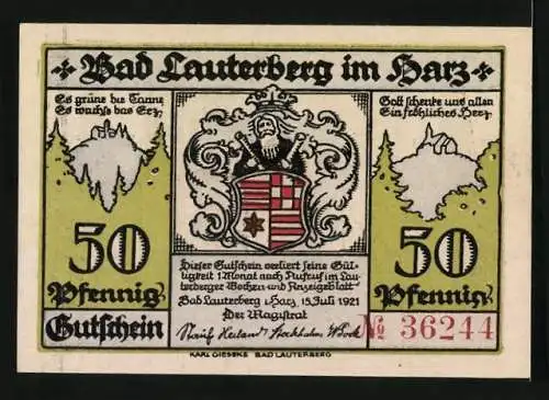 Notgeld Bad Lauterberg im Harz 1921, 50 Pfennig, Kursaal, Wissmann-Denkmal, Ritscher-Denkmal