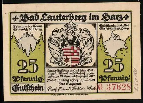 Notgeld Bad Lauterberg im Harz 1921, 25 Pfennig, Stadtwappen