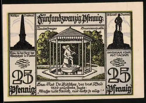 Notgeld Bad Lauterberg im Harz 1921, 25 Pfennig, Lauterberger Brunnenquelle, Ritscher-Denkmal, Wissmann-Denkmal