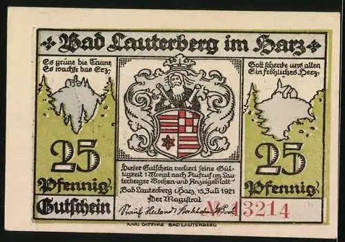 Notgeld Bad Lauterberg im Harz 1921, 25 Pfennig, Lauterberger Brunnenquelle, Ritscher-Denkmal, Wissmann-Denkmal