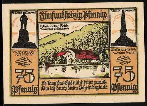 Notgeld Bad Lauterberg im Harz 1921, 75 Pfennig, Wiesenbecker Teich, Wissmann-Denkmal, Ritscher-Denkmal