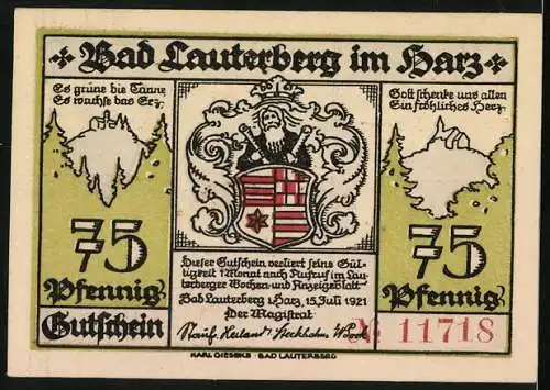 Notgeld Bad Lauterberg im Harz 1921, 75 Pfennig, Wiesenbecker Teich, Wissmann-Denkmal, Ritscher-Denkmal