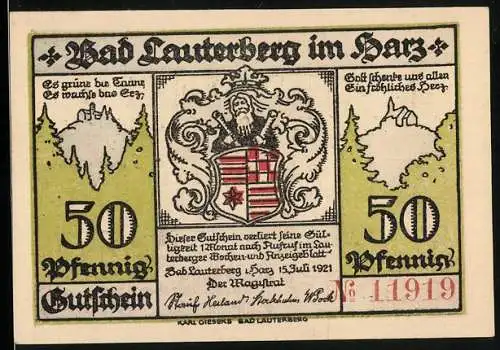 Notgeld Bad Lauterberg im Harz 1921, 50 Pfennig, Stadtwappen