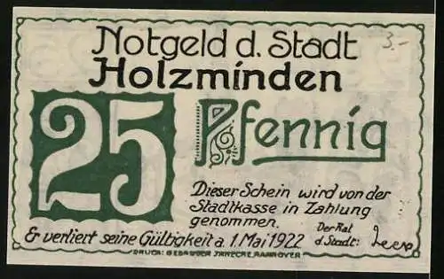 Notgeld Holzminden 1922, 25 Pfennig, Blick zur Kirche