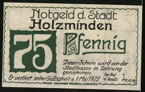 Notgeld Holzminden 1922, 75 Pfennig, Ortspartie mit Kirche