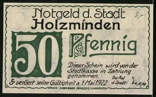 Notgeld Holzminden 1922, 50 Pfennig, Strassenpartie mit Fachwerkhaus