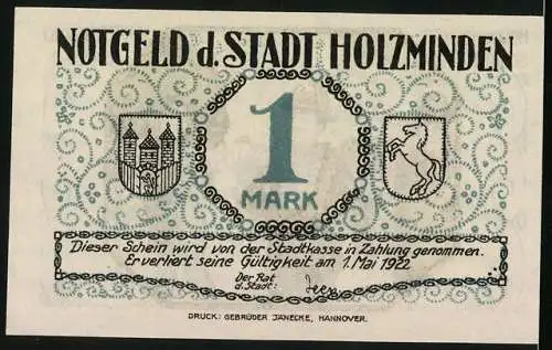 Notgeld Holzminden 1922, 1 Mark, Holzmindener Schützenfest, Schützenkönig, Wappen