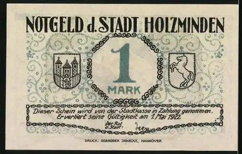 Notgeld Holzminden 1922, 1 Mark, Holzmindener Schützenfest, Fahnenschwenken, Wappen
