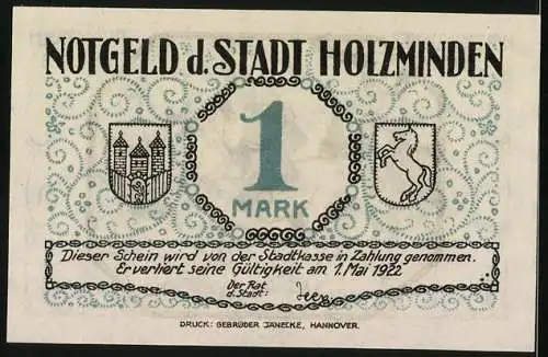 Notgeld Holzminden 1922, 1 Mark, Holzmindener Schützenfest, Ausmarsch, Wappen