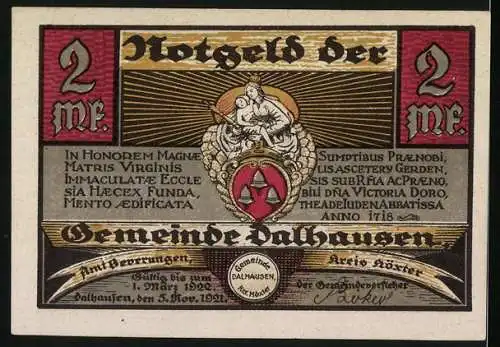 Notgeld Dalhausen i. Westf. 1921, 2 Mark, Wappen, Ortsansicht
