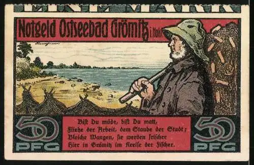 Notgeld Grömitz /Ostsee 1921, 50 Pfennig, Ortspartie mit Kirche