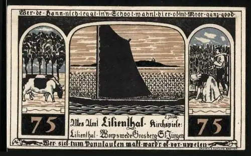 Notgeld Lilienthal 1921, 75 Pfennig, Segelboot, Kühe, Bauernpaar