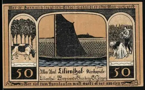 Notgeld Lilienthal 1921, 50 Pfennig, Segelboot, Kühe, Bauernpaar