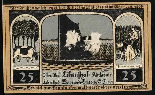 Notgeld Lilienthal 1921, 25 Pfennig, Segelboot, Kühe, Bauernpaar