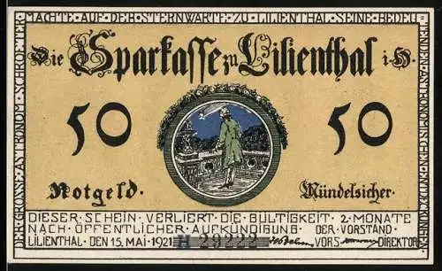 Notgeld Lilienthal 1921, 50 Pfennig, Johann Hieronymus Schroeter, Bessel, Harding