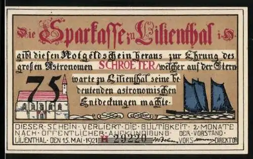 Notgeld Lilienthal 1921, 75 Pfennig, Portrait Johann Hieronymus Schroeter, Kirche, Segelboot