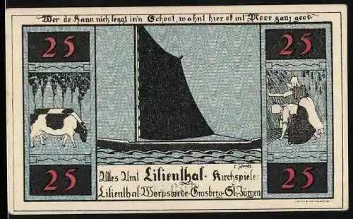 Notgeld Lilienthal 1921, 25 Pfennig, Segelboot, Kühe, Bäuerinnen