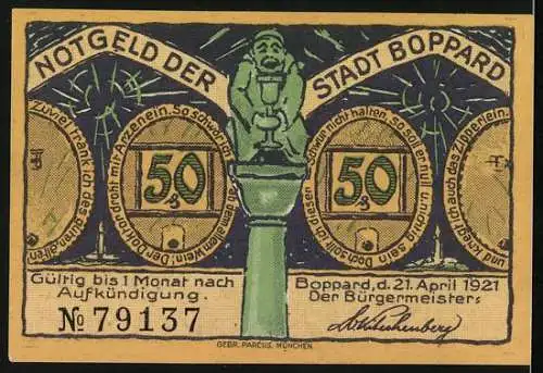 Notgeld Boppard am Rhein 1921, 50 Pfennig, Bauernpaar bei der Weinlese