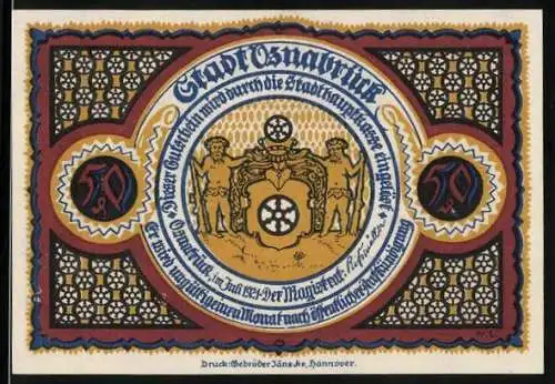 Notgeld Osnabrück 1921, 50 Pfennig, Das Waterlootor, Wappen