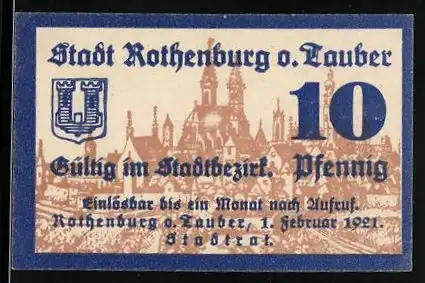 Notgeld Rothenburg o. Tauber 1921, 10 Pfennig, Ortspartie mit Kirche, Wappen