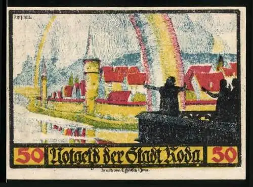 Notgeld Roda 1921, 50 Pfennig, Faust ergreift Regenbogen am Stadtrand